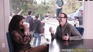 Ebony babe Paris The Muse gets her mouth full of ten big white dicks