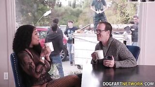 Ebony babe Paris The Muse gets her mouth full of ten big white dicks