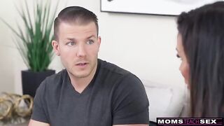 Shay Sights, a busty MILF, seduces her stepson by rubbing her big tits