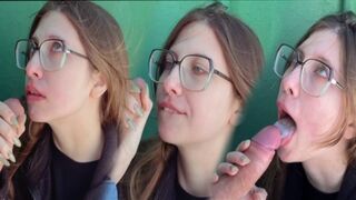 A blowjob in public place by a cute teen