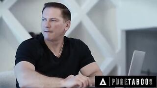 The stepdaughter with big tits is being questioned by her stepdad