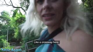 A blonde MILF with natural tits fucks outdoors in the park for cash