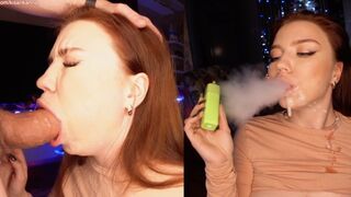She smokes and sucks my dick, then I cover her face with sperm. Look how happy she is!