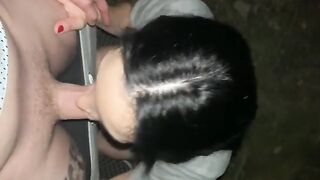 Babe fucked outdoors, her mouth full of cum in POV style