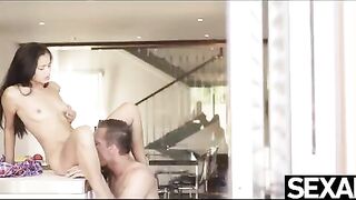 Skinny brunette gets her pussy railed on the kitchen table