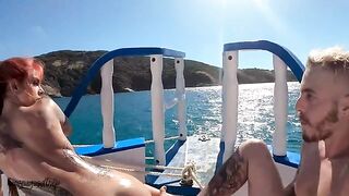 Redhead beauty fucks on the boat and gets oily