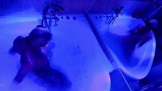 The blonde plays with sex toys in the bathroom and calls for a big cock