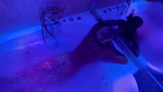 The blonde plays with sex toys in the bathroom and calls for a big cock