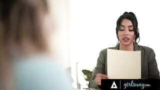 The busty lawyer Vanessa Sky brings her client Kayley Gunner to a private setting