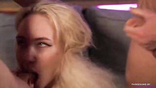 Blonde has her mouth full with two big dicks in this hot vid