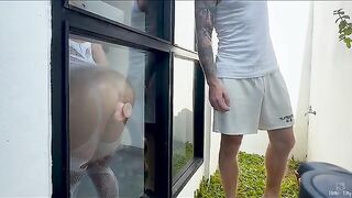 The hot blonde is busy with her peep show for a new neighbor