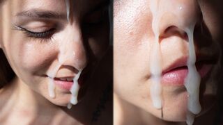 The girl fucks in a doggy style and receives a huge cumshot on her cute face