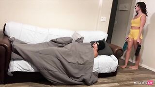 Horny wife gets fucked on the couch, and her husband joins in