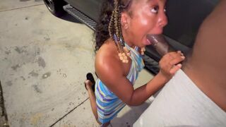 Married woman gives deepthroat blowjob in the parking lot like a slutty truck stop girl