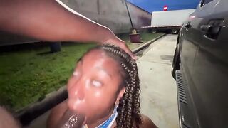Married woman gives deepthroat blowjob in the parking lot like a slutty truck stop girl