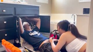 A repairman came to fix the TV, but the Asian girl started to play with him