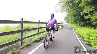 A hot woman has sex after cycling, no hands on the wheel