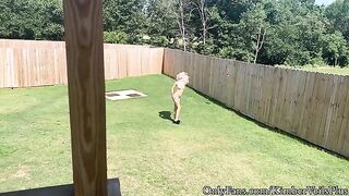 She gets naked in the backyard and has a quickie on the porch