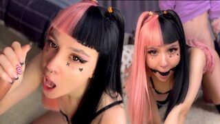 Emo babe with pink hair gets gagging deepthroat and cum on her face