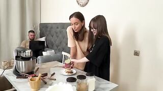 Two stunning women prepare syrniki, getting wild with a lucky guy
