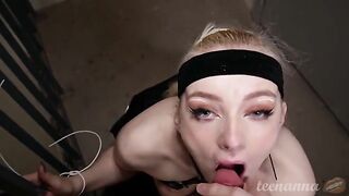 A young girl with blue eyes fucks deeply in her mouth, showcasing intense domination