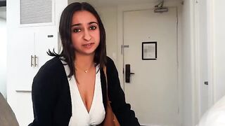 A girl is fucking with her friend in a hotel room, not knowing he’s her coworker