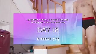 A step mom got stuck on the stairs and her step son jerked off