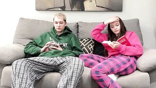 Pervert stepbrother watches porn with his stepsister and jerks off next to her