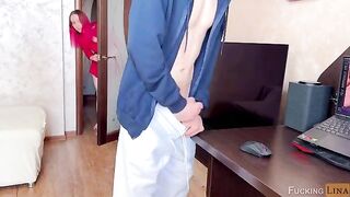 A cute stepsister made a mess on his dick by sucking it and spitting it all over her face