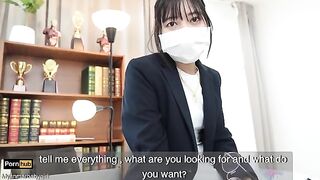 The gardener fucks the Asian teacher in the classroom hard