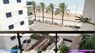 The couple has sex on the balcony while the girl is blindfolded