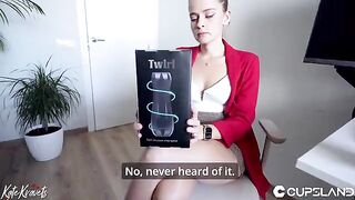 The secretary checked the new sex toy with her colleague in the office