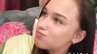 Cute baby has sex with a man on the couch