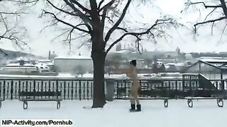 Blonde student with natural boobs flashes on the city streets