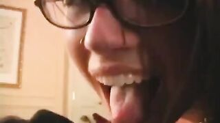 The fool is happy because of glasses and the member's blowjob