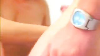 Blonde Russian beauty gives a blowjob and receives a cumshot on her big boobs