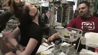 The sexy girl was roughly fucked by a pervert in the fitting room of the store