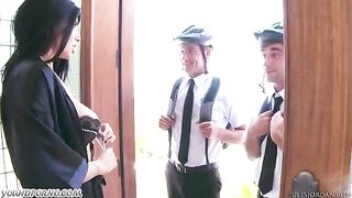 Two Jehovah’s Witnesses fucked a beauty with amazing big tits