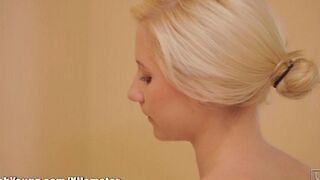 The steamy shower made her slender body tender and relaxed