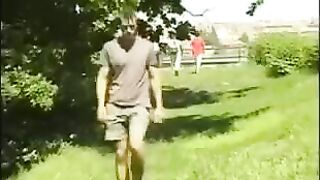 A man caresses his huge cock in the hayloft, imitating a blowjob