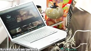 Asian hottie with natural tits gets oiled and banged hard