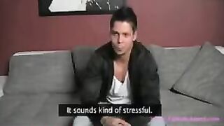 Beautiful girl Agent conducts a casting for a man on the couch