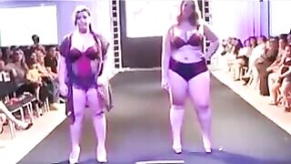 A bunch of fat bitches are running in swimsuits in front of the camera