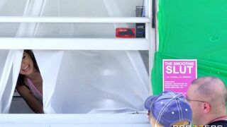 A cute girl has sex with her boyfriend right in the diner wagon