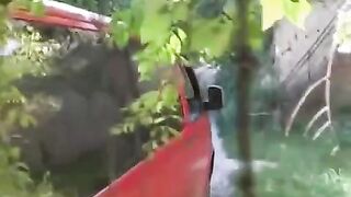 The man squeezed the girl's tits near the car and fucked her