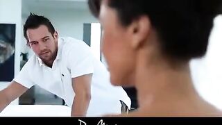 Hot woman rubs oil on her big boobs and has sex