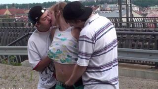 An amateur brunette has a hot threesome experience with two guys