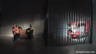 The man, playing guard, masturbates at work with his fake boobs