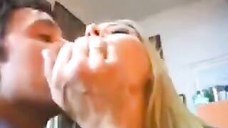 A blonde is having fun with two guys at the same time