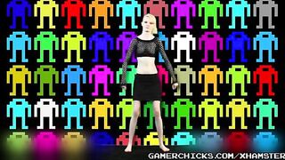 A sexy blonde is doing a striptease dance in front of the crowd